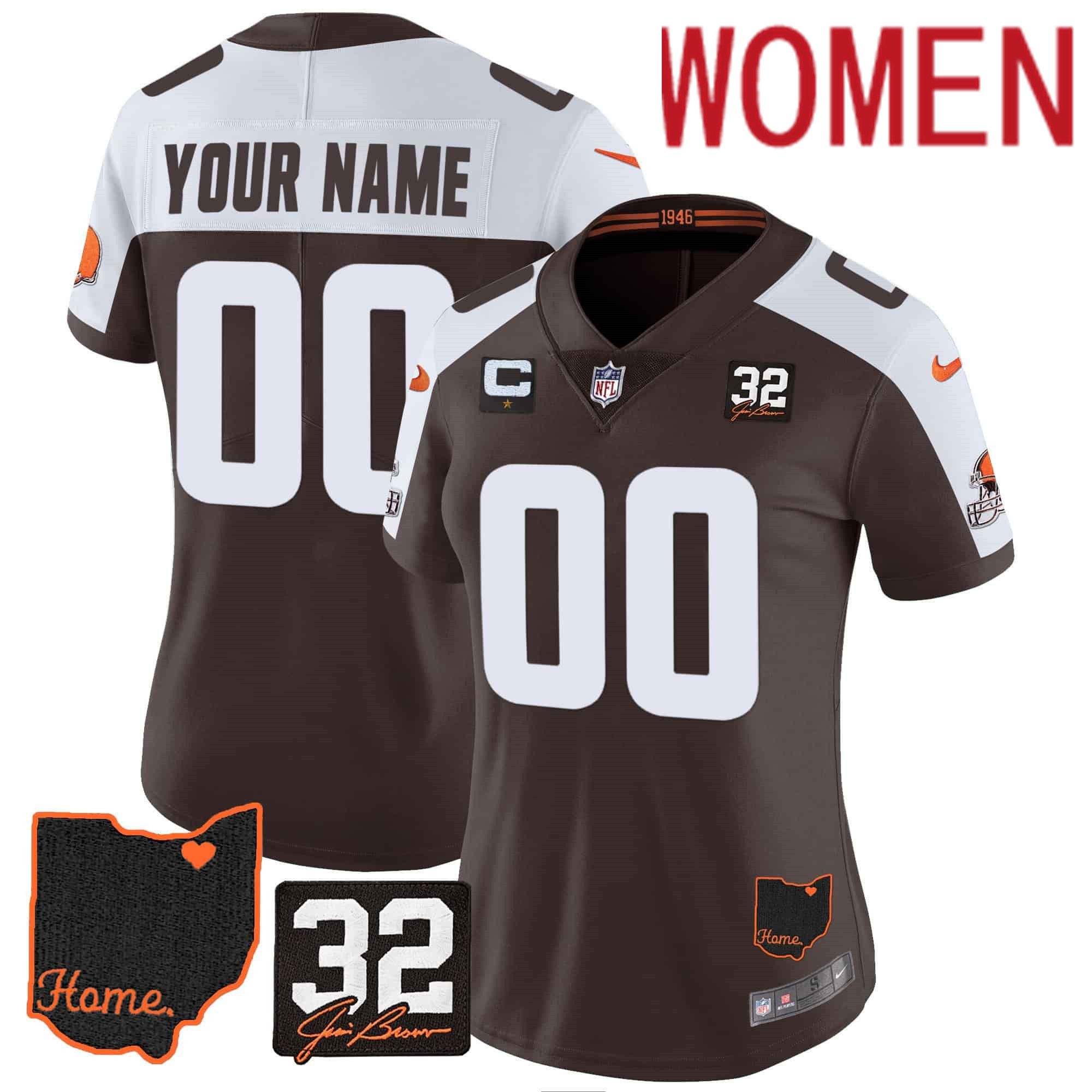Women Cleveland Browns Brown 32 Jim Brown Memorial Home Patch Custom 2024 Nike NFL Jersey